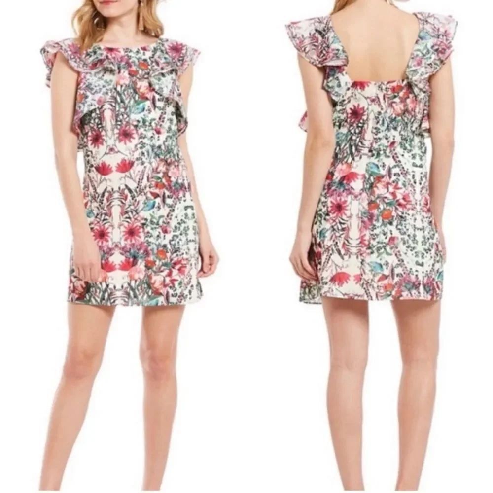 Belle Badgley Mischka White Floral Ruffle Sleeve Alex Dress
